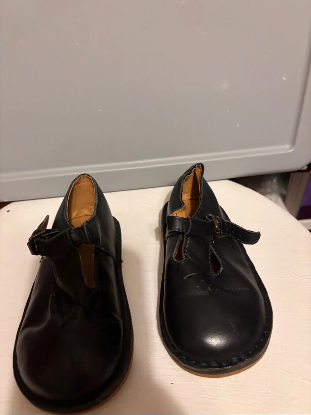 Kids Black Leather T-Strap Shoes